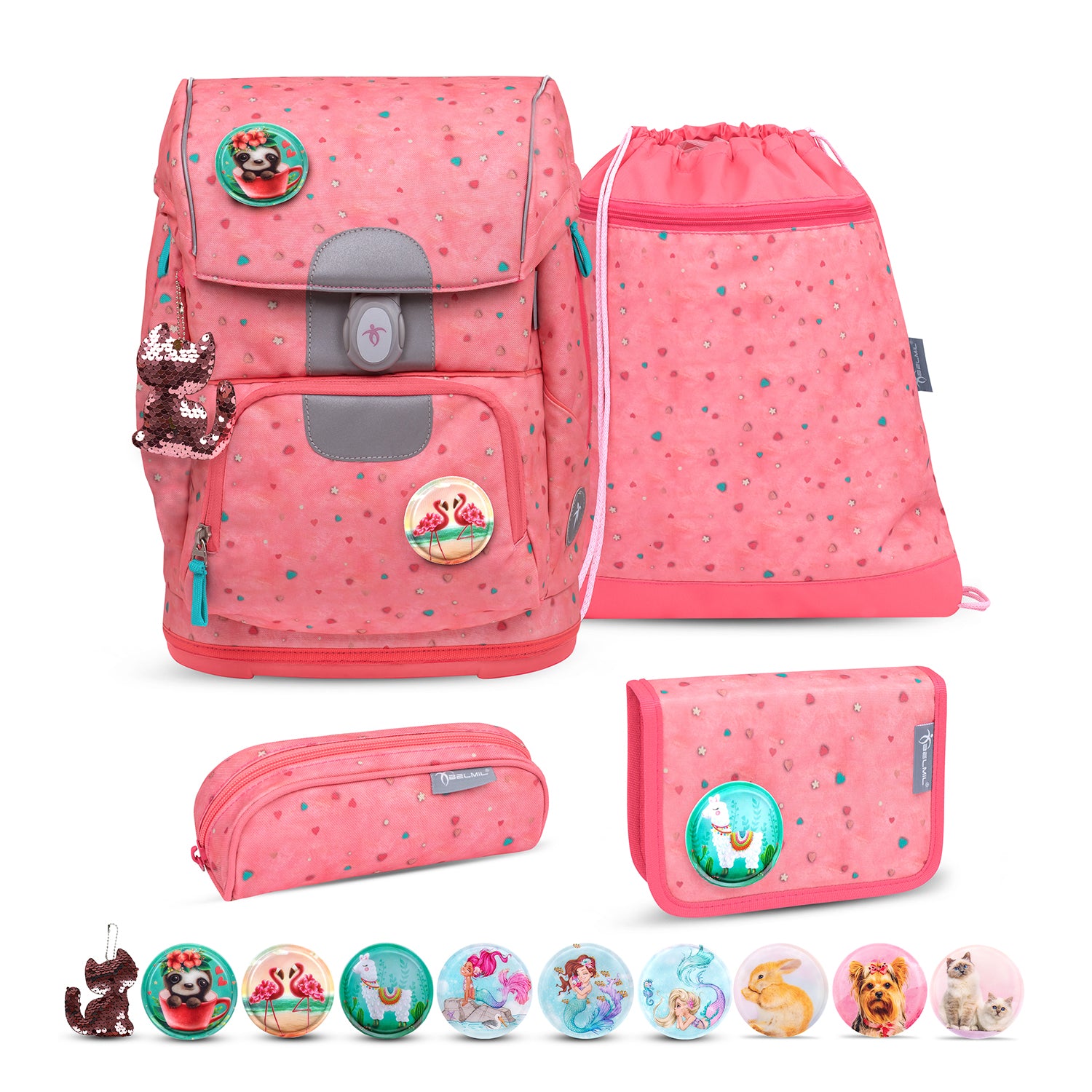 Belmil Motion Blue Bird Ergonomic School Bag Set – Made from Recycled Materials, 5 pcs, with 9 Interchangeable Patches showcasing its eco-friendly design and playful patches.
