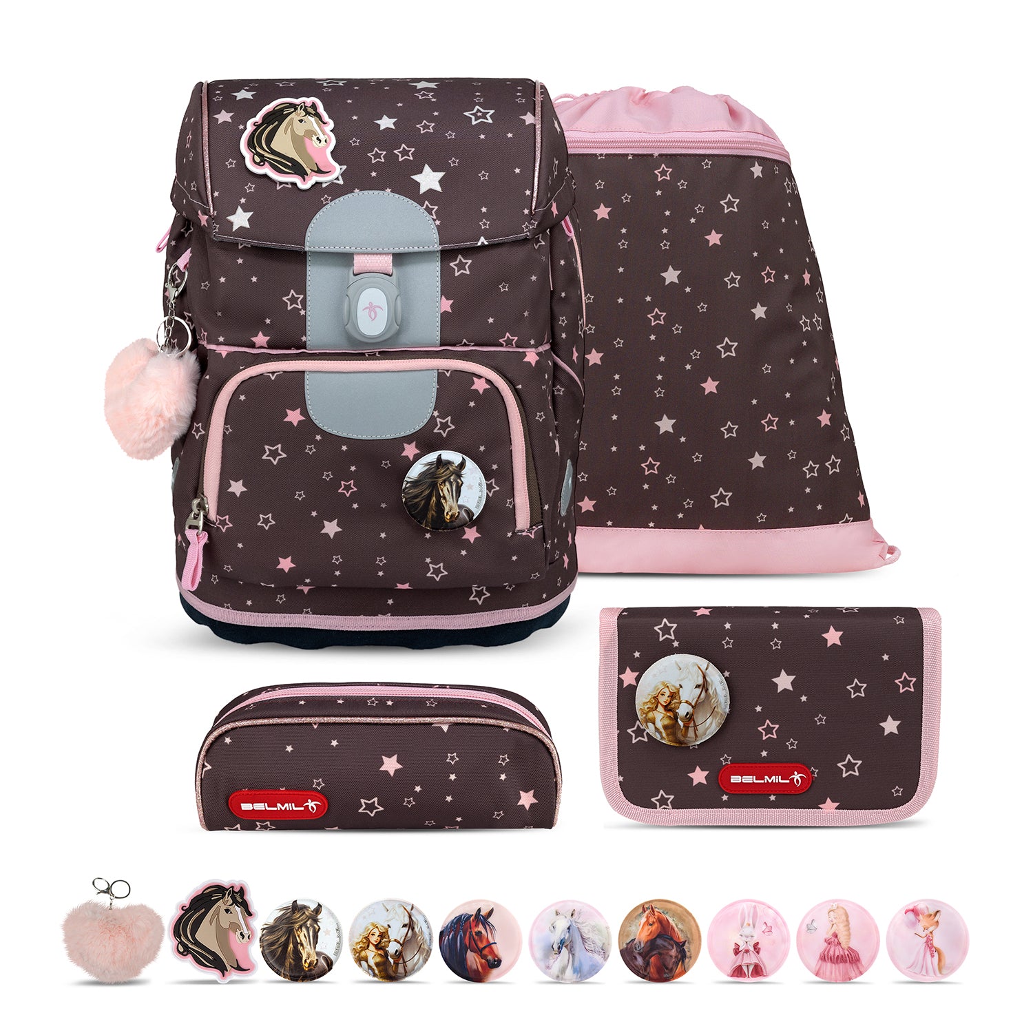 Belmil Motion Champion Horse Ergonomic School Bag Set with starry design and pink accents, perfect for young horse lovers.