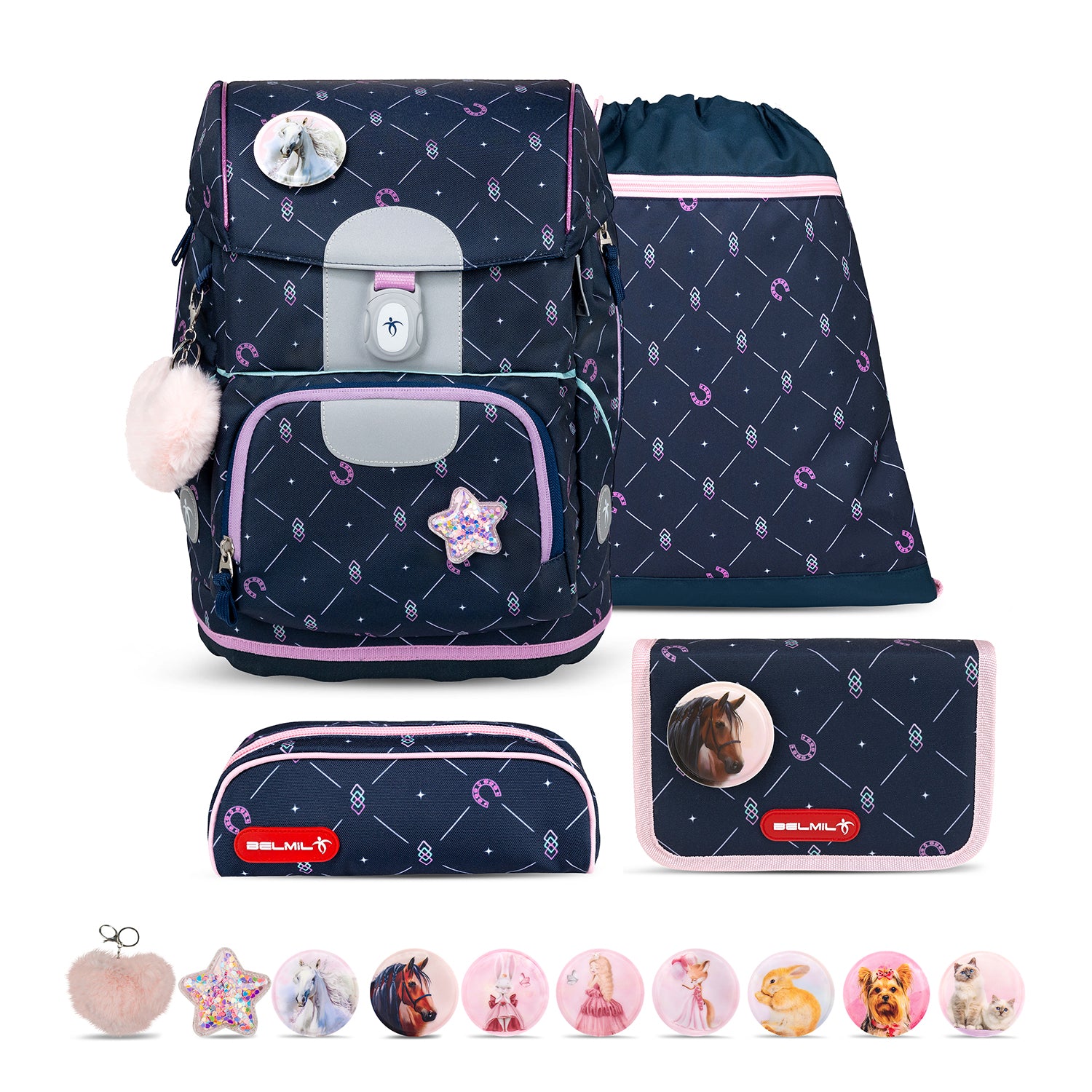 Belmil Motion Midnight Gallop Ergonomic School Bag Set – Made from Recycled Materials, 5 pcs, with 9 Interchangeable Patches showcasing the ergonomic design and adjustable straps.