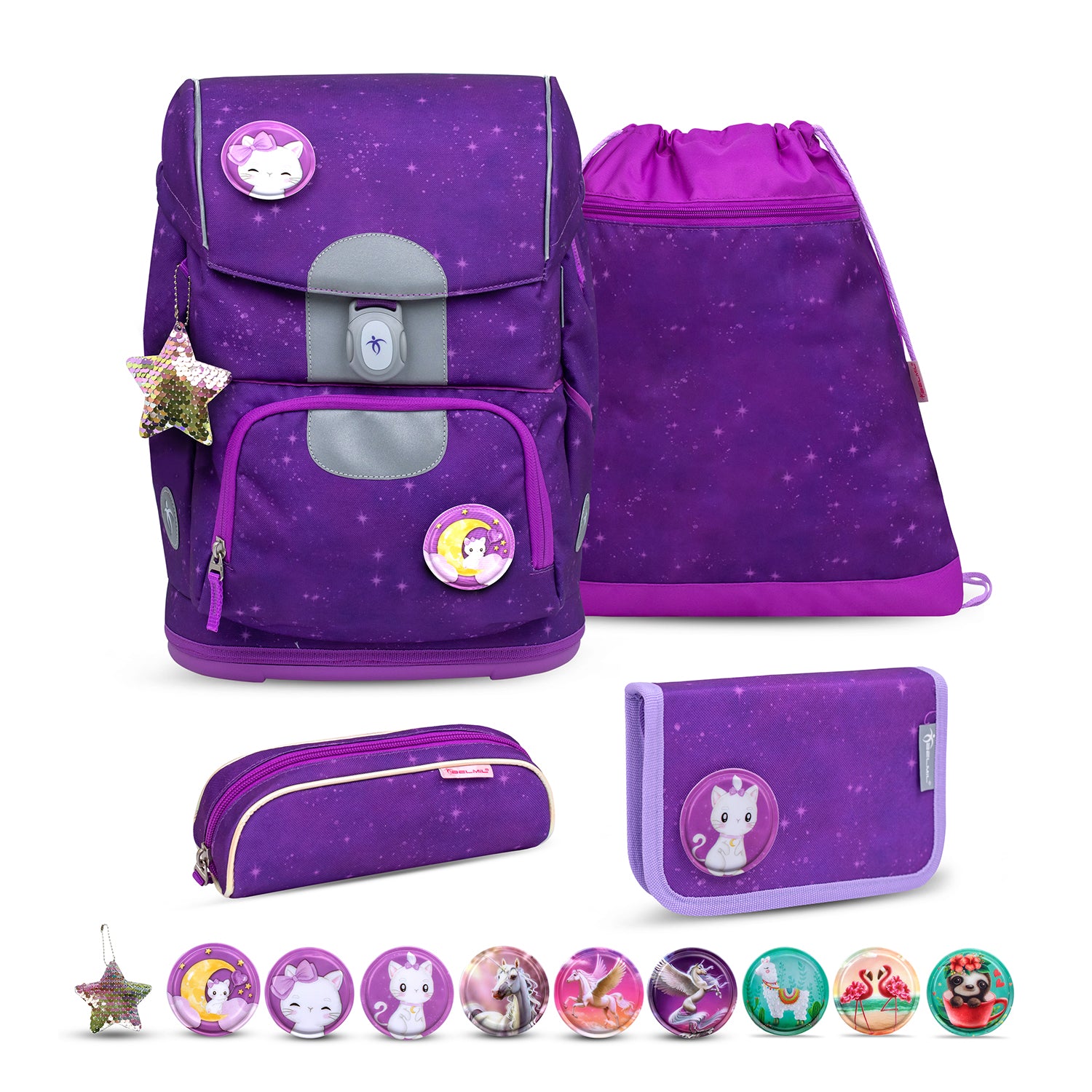 Belmil Motion Purple Sky Ergonomic School Bag Set in vibrant purple color with adjustable straps and ergonomic design.