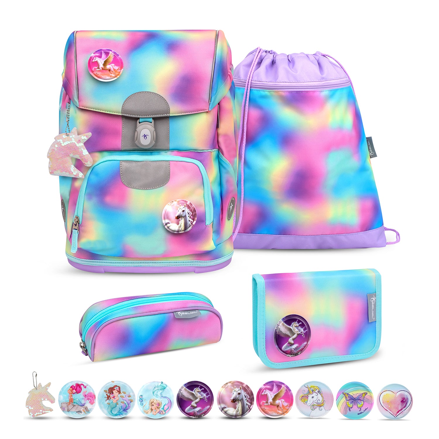 Image of the Belmil Motion Rainbow Color Ergonomic School Bag Set – Made from Recycled Materials, 5 pcs, with 9 Interchangeable Patches showcasing a bright rainbow design.