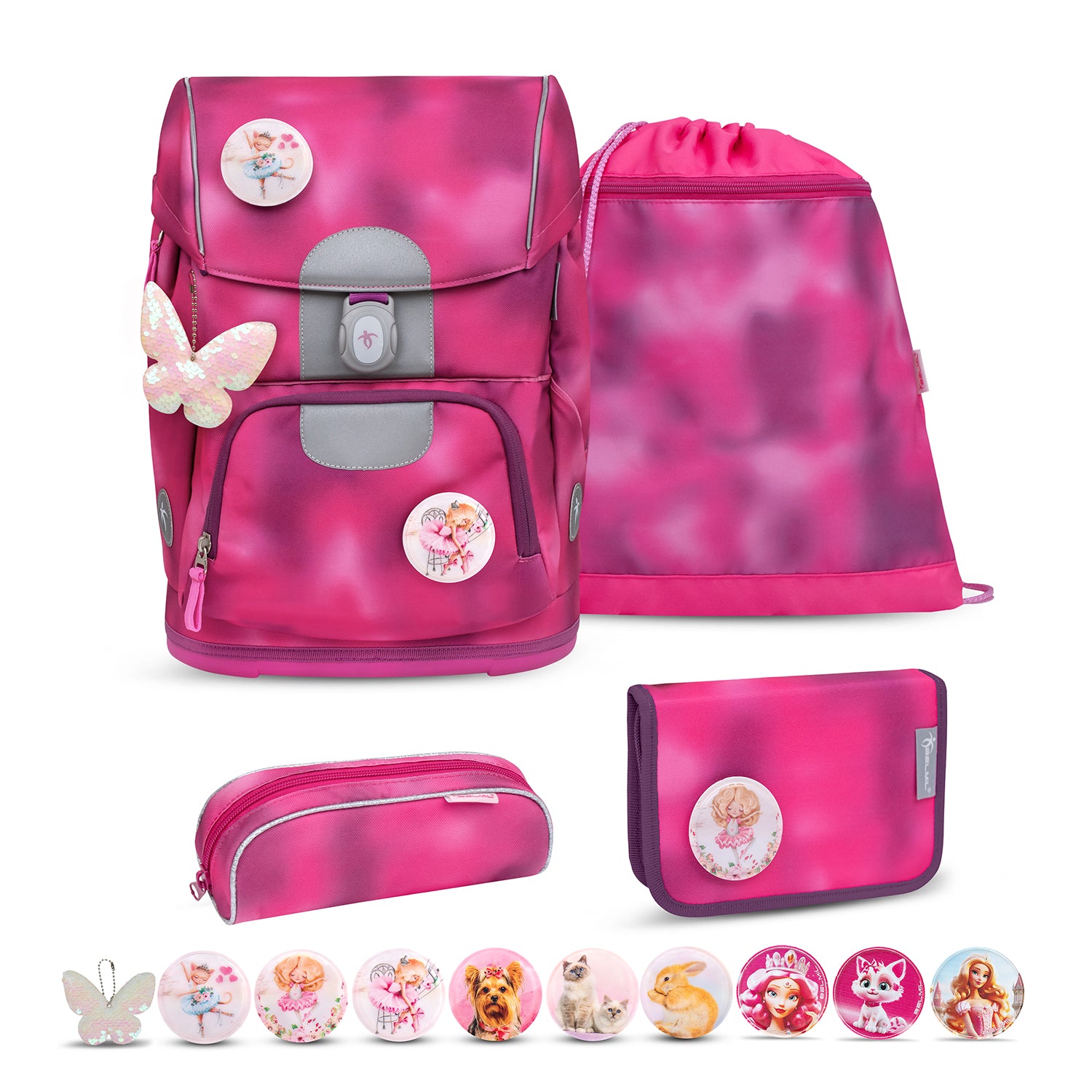 Belmil Motion Shiny Pink Ergonomic School Bag Set – Made from Recycled Materials, 5 pcs, with 9 Interchangeable Patches showing the ergonomic design with adjustable shoulder straps.