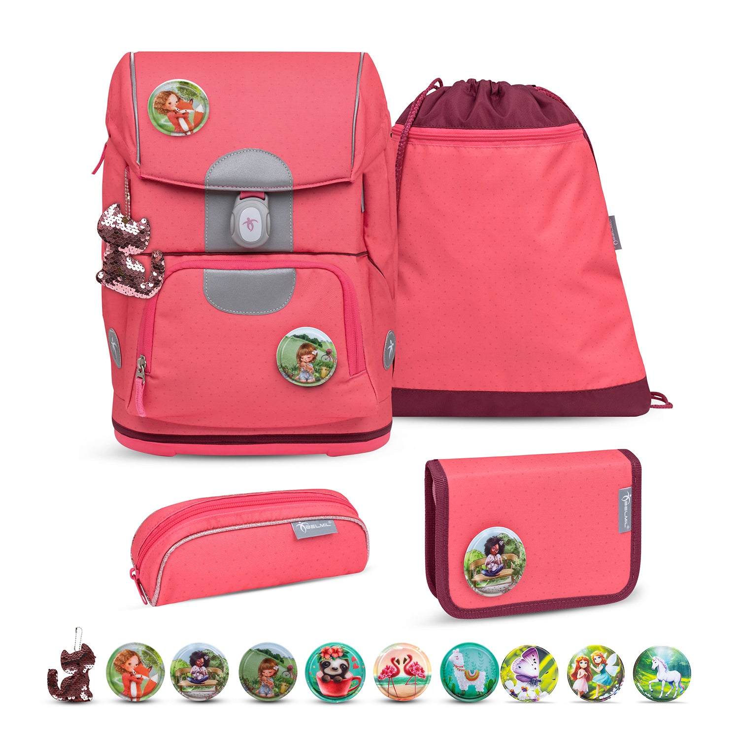 Belmil Motion Sweet Candy Ergonomic School Bag Set – Made from Recycled Materials, 5 pcs, with 9 Interchangeable Patches showcasing its ergonomic design and playful candy-pink color.
