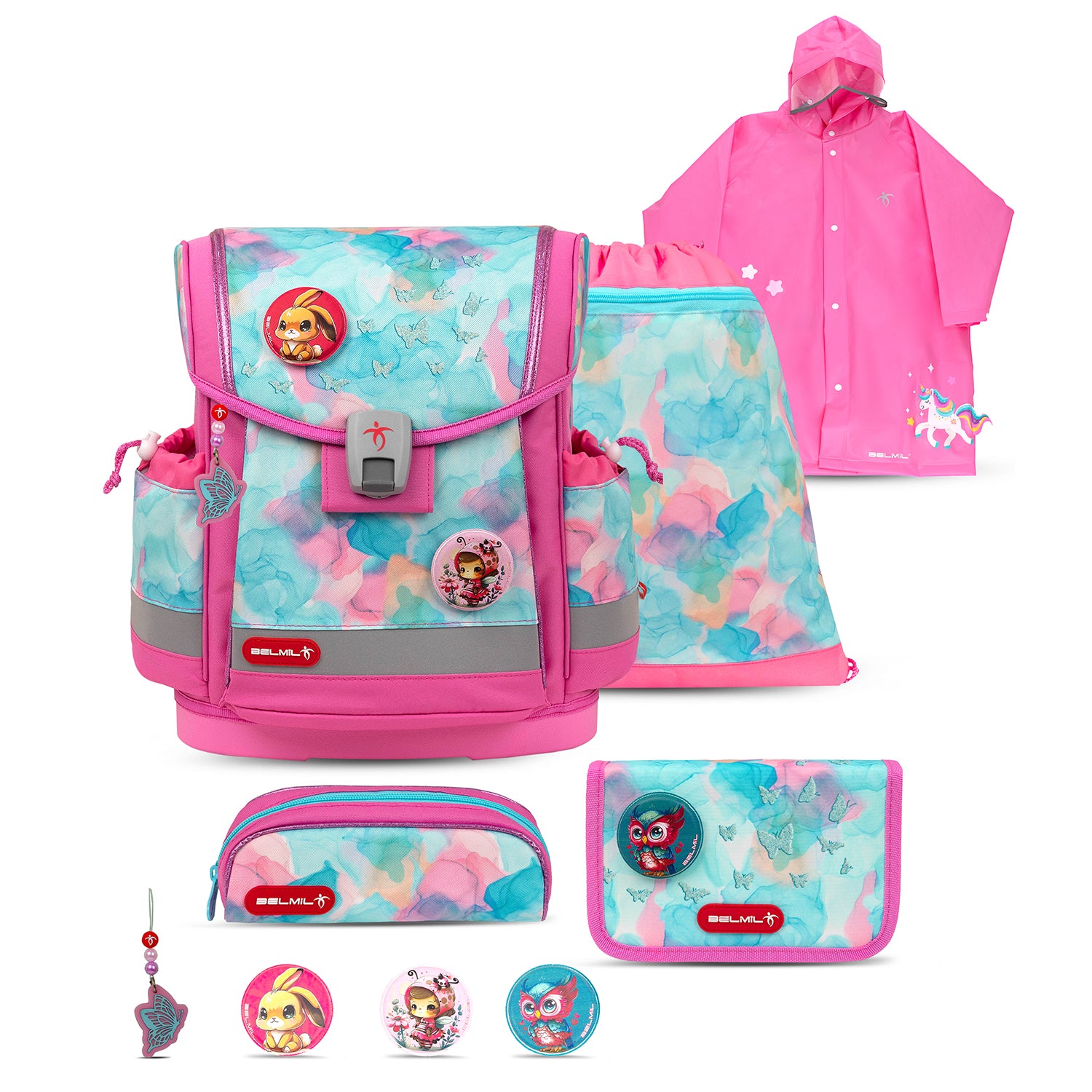 Belmil Classy Plus Ergonomic School Bag Set for Girls “Aqua Rose” Design + Unicorn Raincoat – 6-Piece Back-Friendly Starter Set showcasing the ergonomic school bag in beautiful aqua blue and rose pink.