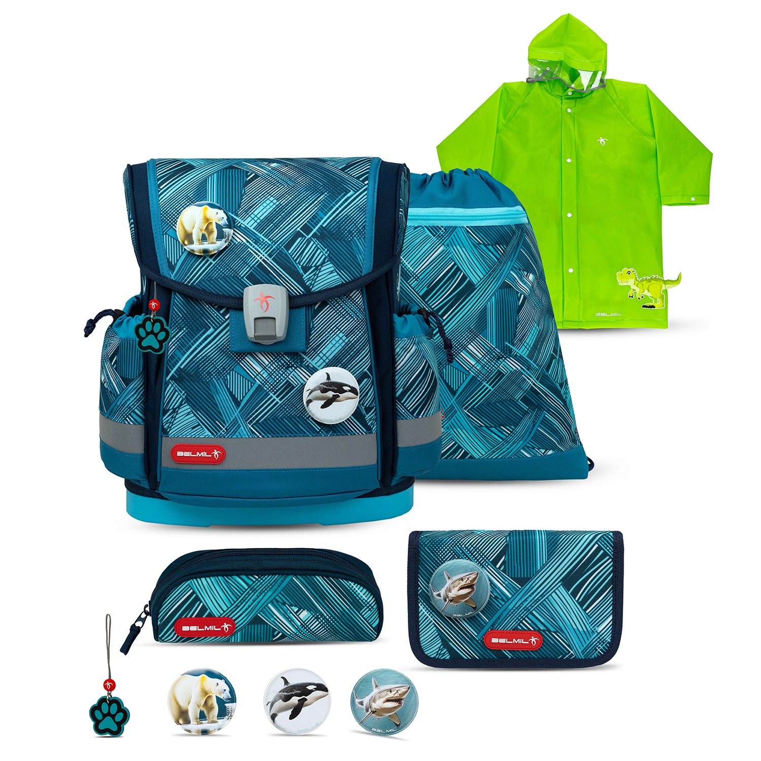 Belmil Classy Plus Ergonomic School Bag Set for Boys “Ice Blue” Design + Dinosaur Raincoat – 6-Piece Back-Friendly Starter Set showcasing ergonomic bag and accessories.