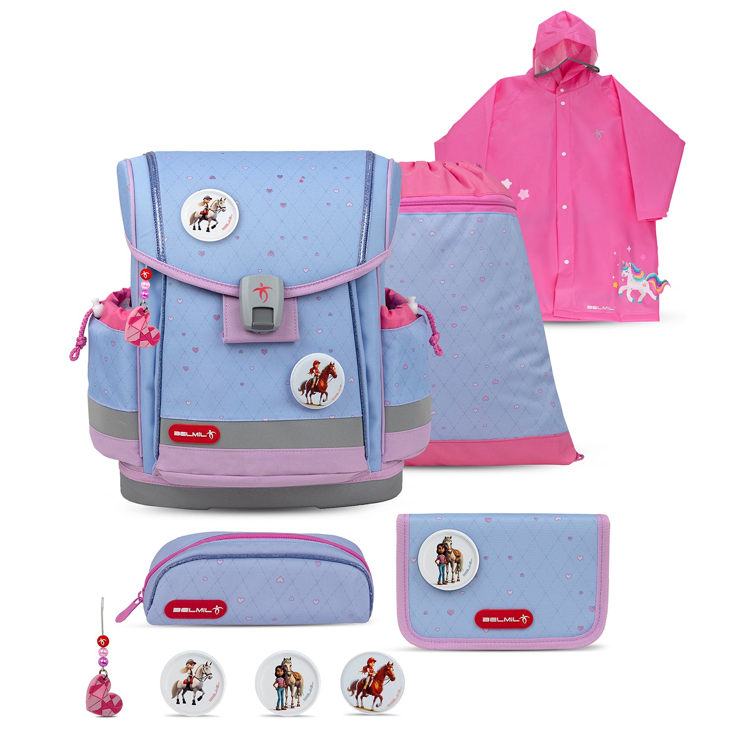 Belmil Classy Plus Ergonomic School Bag Set for Girls “Lavander” Design + Unicorn Raincoat – 6-Piece Back-Friendly Starter Set in purple and pink colors.