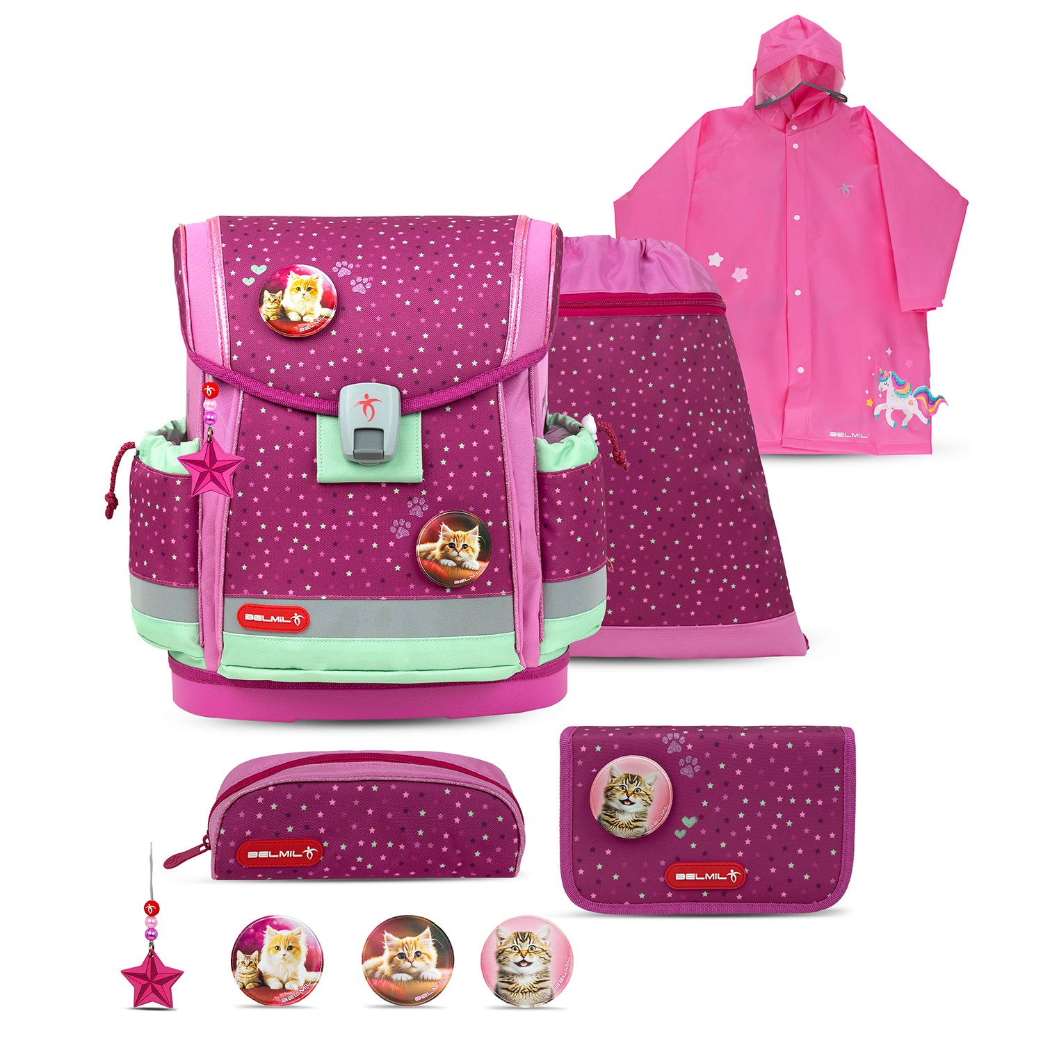 Beautiful image of the Belmil Classy Plus Ergonomic School Bag Set for Girls “Mint Burgundy” Design + Unicorn Raincoat – 6-Piece Back-Friendly Starter Set showcasing its ergonomic design and style.