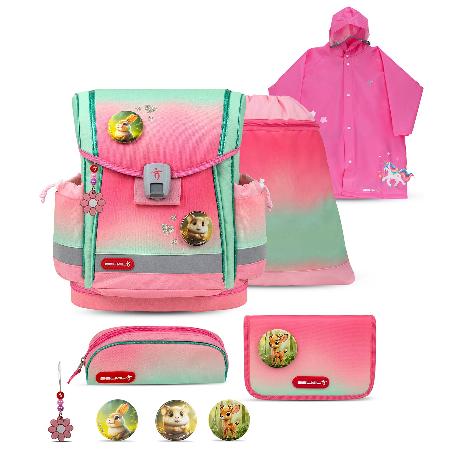 Belmil Classy Plus Ergonomic School Bag Set for Girls “Mint Rose Ombre” Design + Unicorn Raincoat – 6-Piece Back-Friendly Starter Set showcasing the ergonomic school bag.