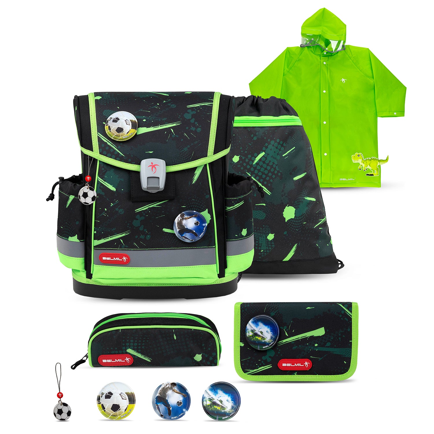 Belmil Classy Plus Ergonomic School Bag Set for Boys “Neon Sport” Design + Dinosaur Raincoat – 6-Piece Back-Friendly Starter Set showcasing the ergonomic school bag with vibrant neon design.