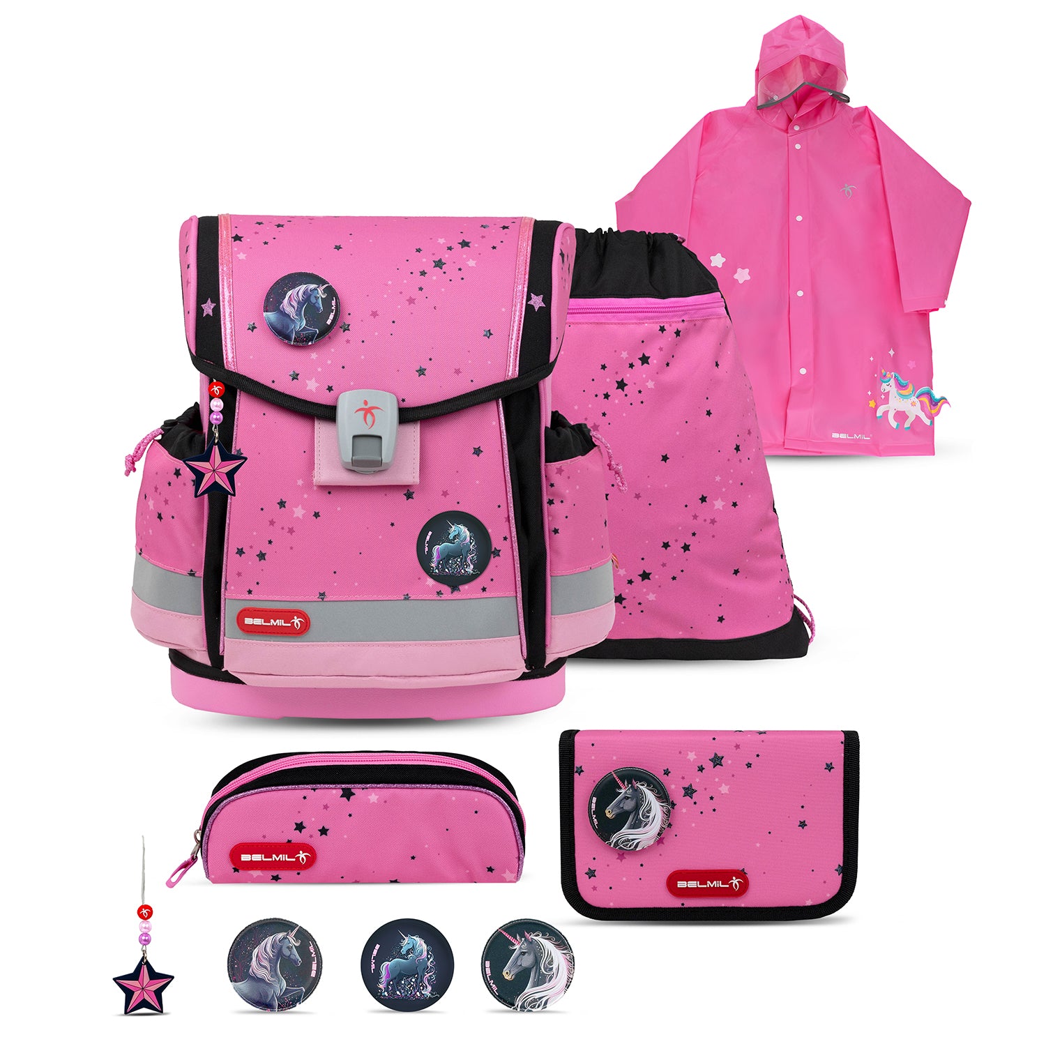 Belmil Classy Plus Ergonomic School Bag Set for Girls “Pink Black” Design + Unicorn Raincoat – 6-Piece Back-Friendly Starter Set showcasing the stylish ergonomic school bag.