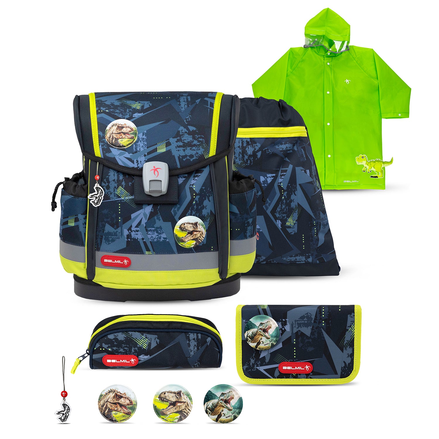 Belmil Classy Plus Ergonomic School Bag Set for Boys “T-Rex Lime” Design + Dinosaur Raincoat – 6-Piece Back-Friendly Starter Set with colorful dinosaur graphics.