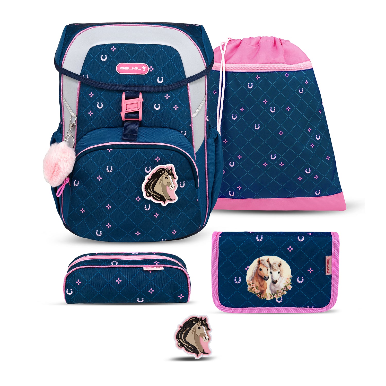 Ergonomic School Bag Set for Girls – Belmil Maxi Meet your Horses School Bag Set 5 pcs featuring lightweight design and ergonomic support.