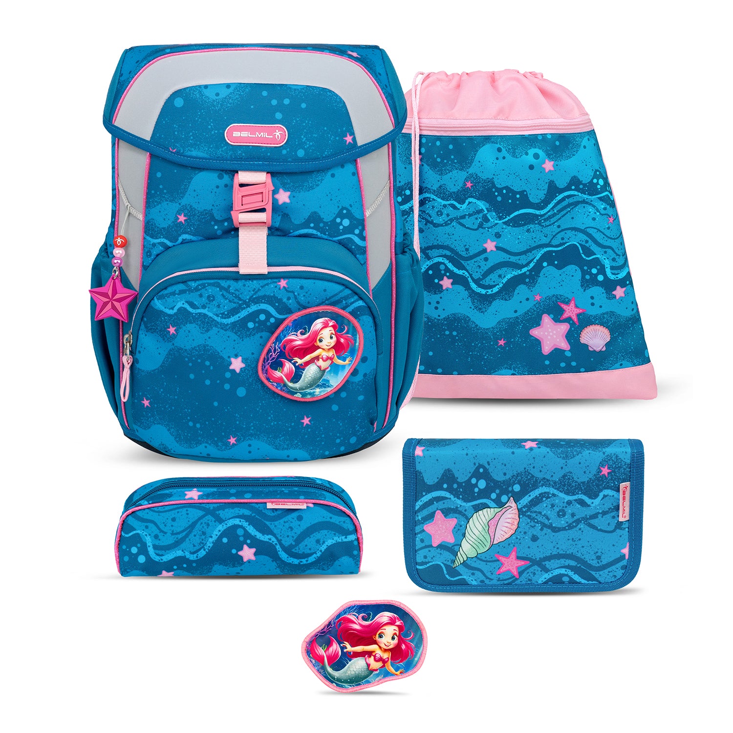 Ergonomic School Bag Set for Girls – Belmil Maxi Mermaid School Bag Set 5 pcs featuring a vibrant mermaid design in turquoise and pink.