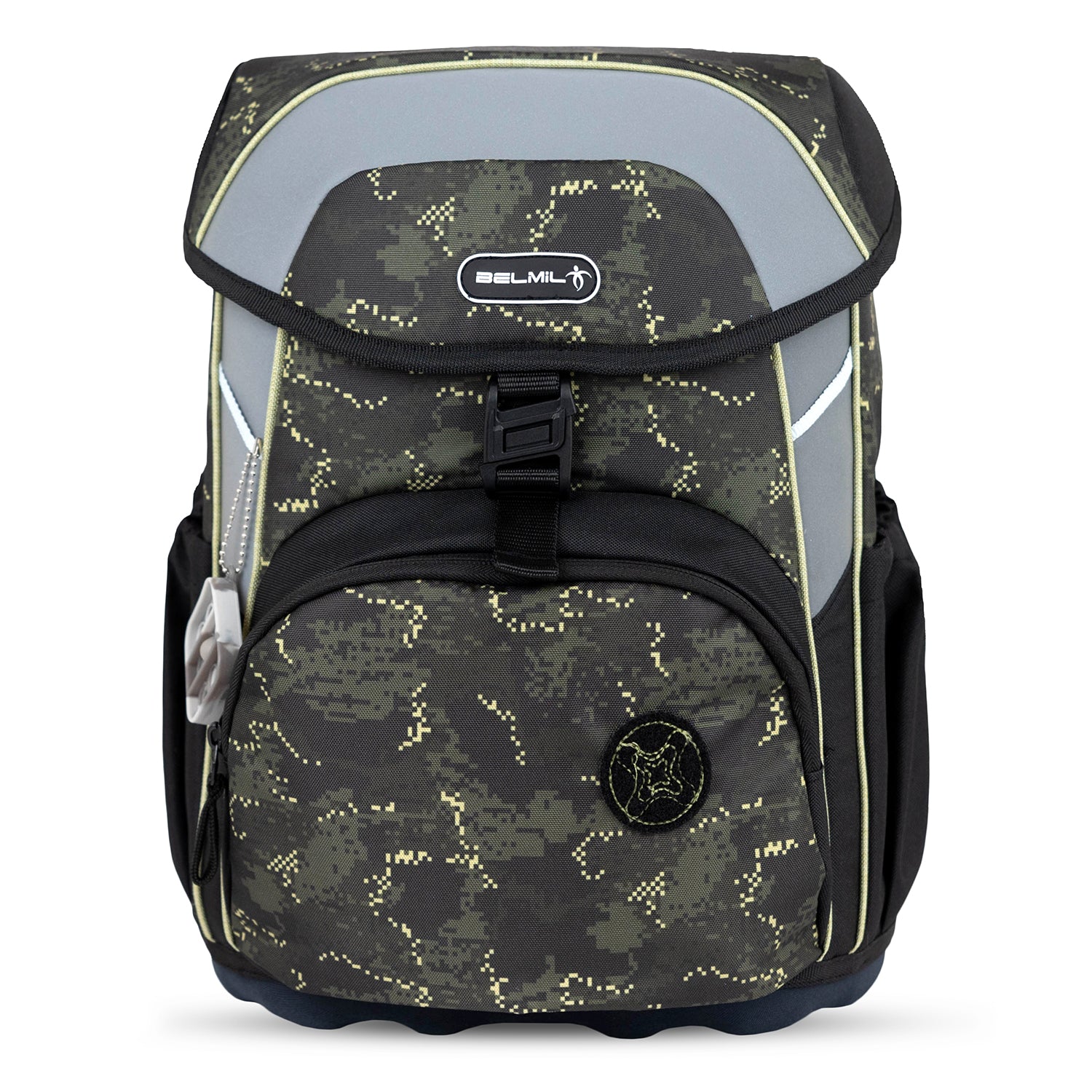 Belmil Maxi 'Night Hunter' School Bag Set for Boys + Dinosaur Raincoat – 5-Piece Set with detailed view of the Fidlock magnetic buckle and reflective elements.