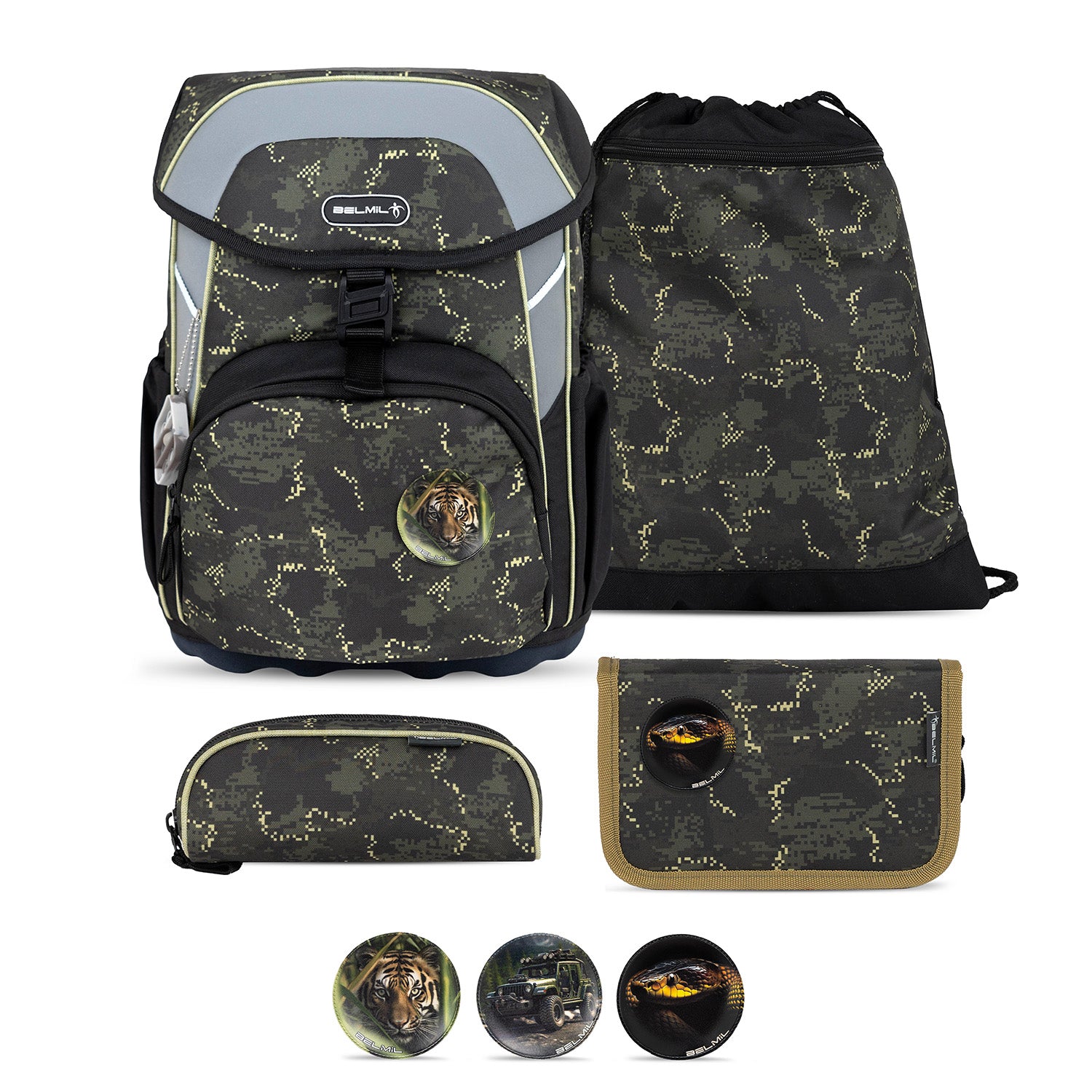 Image of the Ergonomic School Bag Set for Boys – Belmil Maxi Night Hunter School Bag Set 5 pcs featuring a sleek design and vibrant colors.