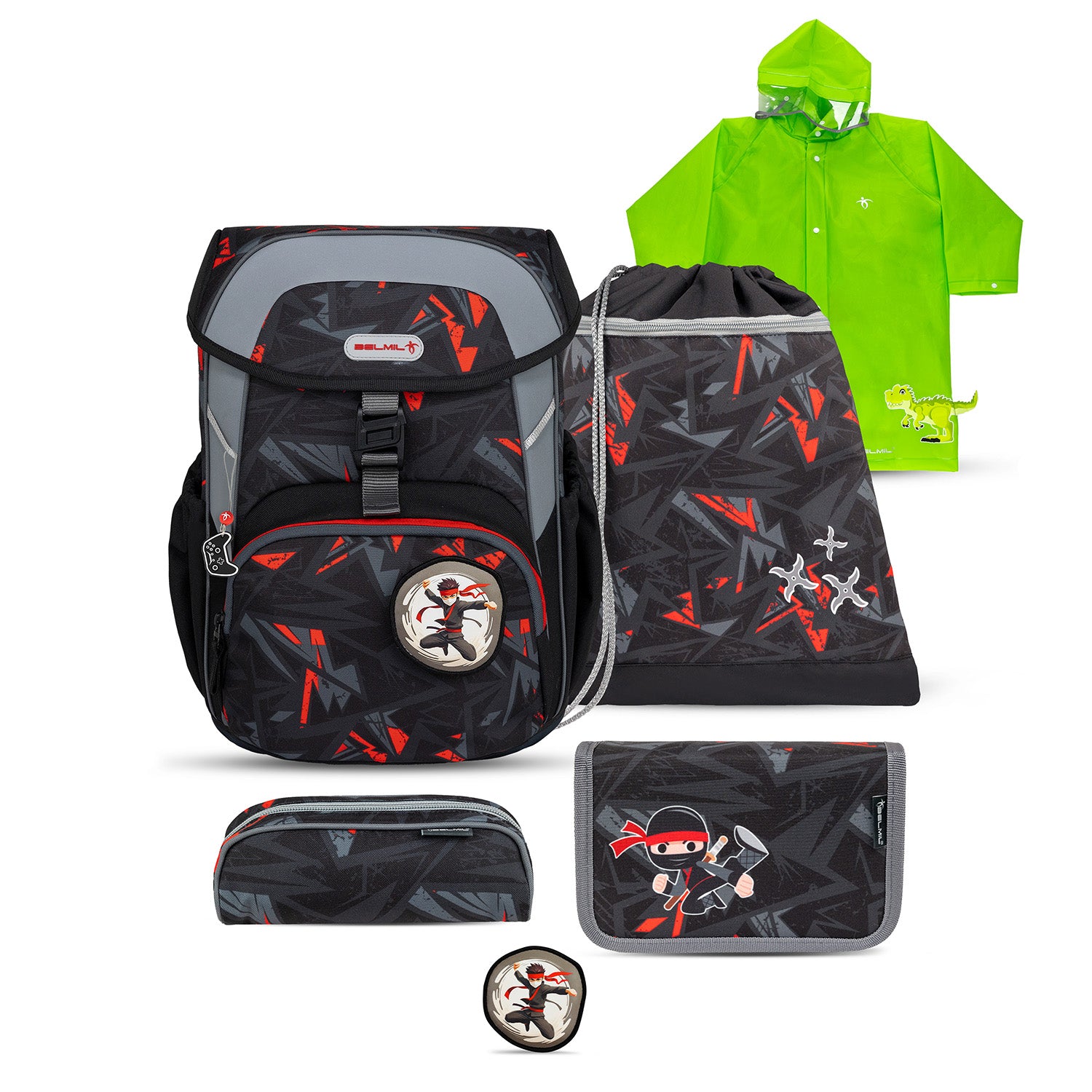 Belmil Maxi 'Ninja' School Bag Set for Boys + Dinosaur Raincoat – 5-Piece Set showcasing the colorful ninja design and ergonomic features.