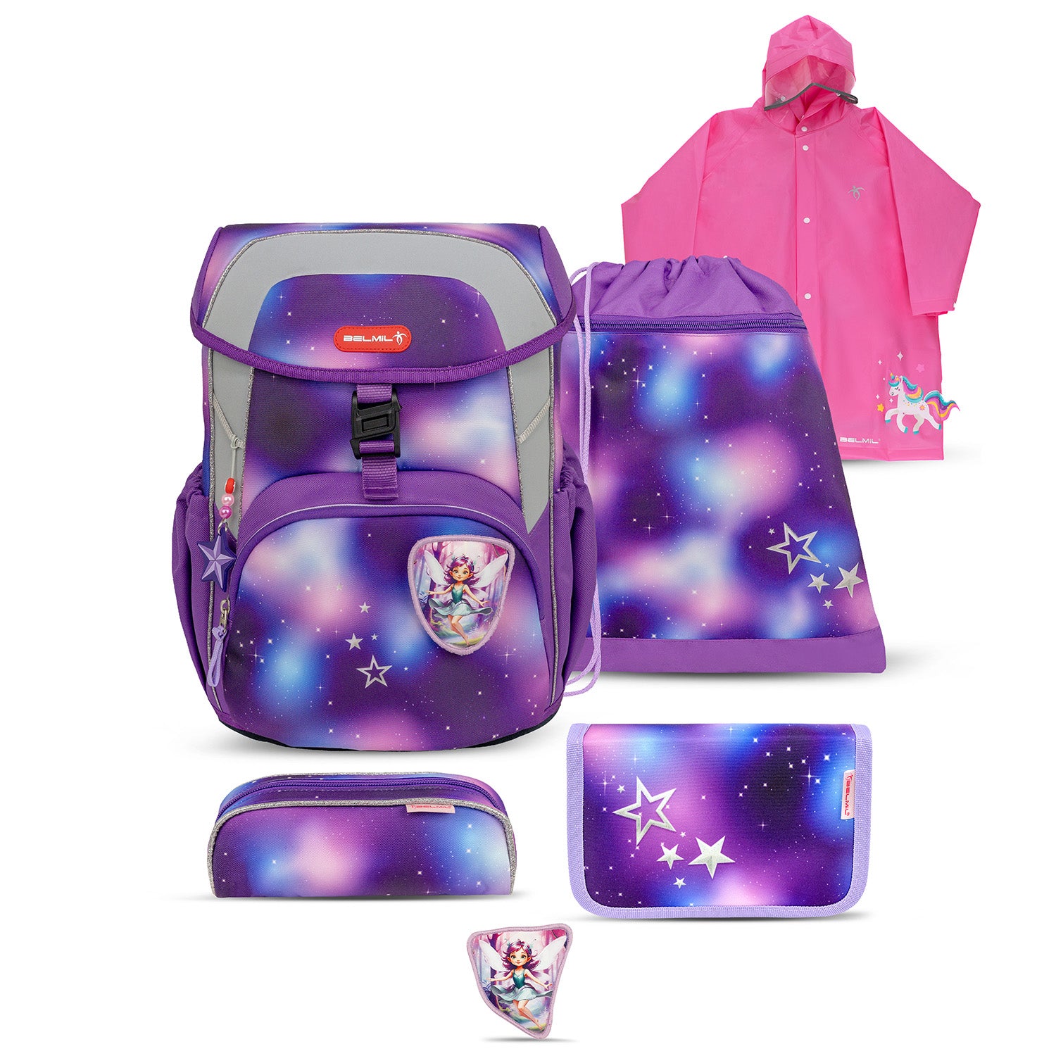 Belmil Maxi Pack Shining Fairy School Back Set for Girls – 5-Piece Set + Interchangeable Pegasus Patch Set featuring a beautifully designed backpack with whimsical fairy graphics.