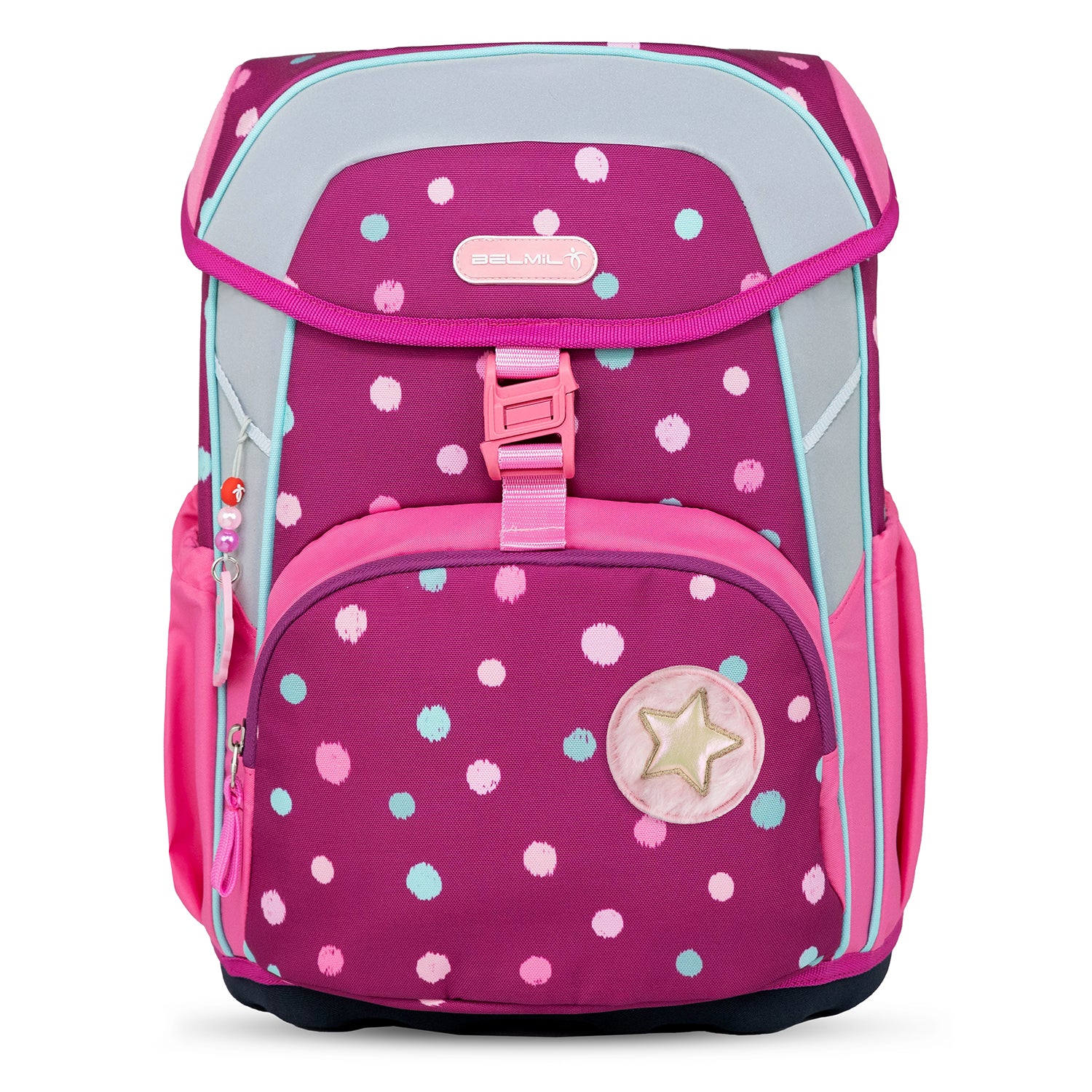 The thermal front pocket of the Ergonomic School Bag Set for Girls – Belmil Maxi Starry Bubbles School Bag Set 5 pcs, designed to keep snacks fresh.