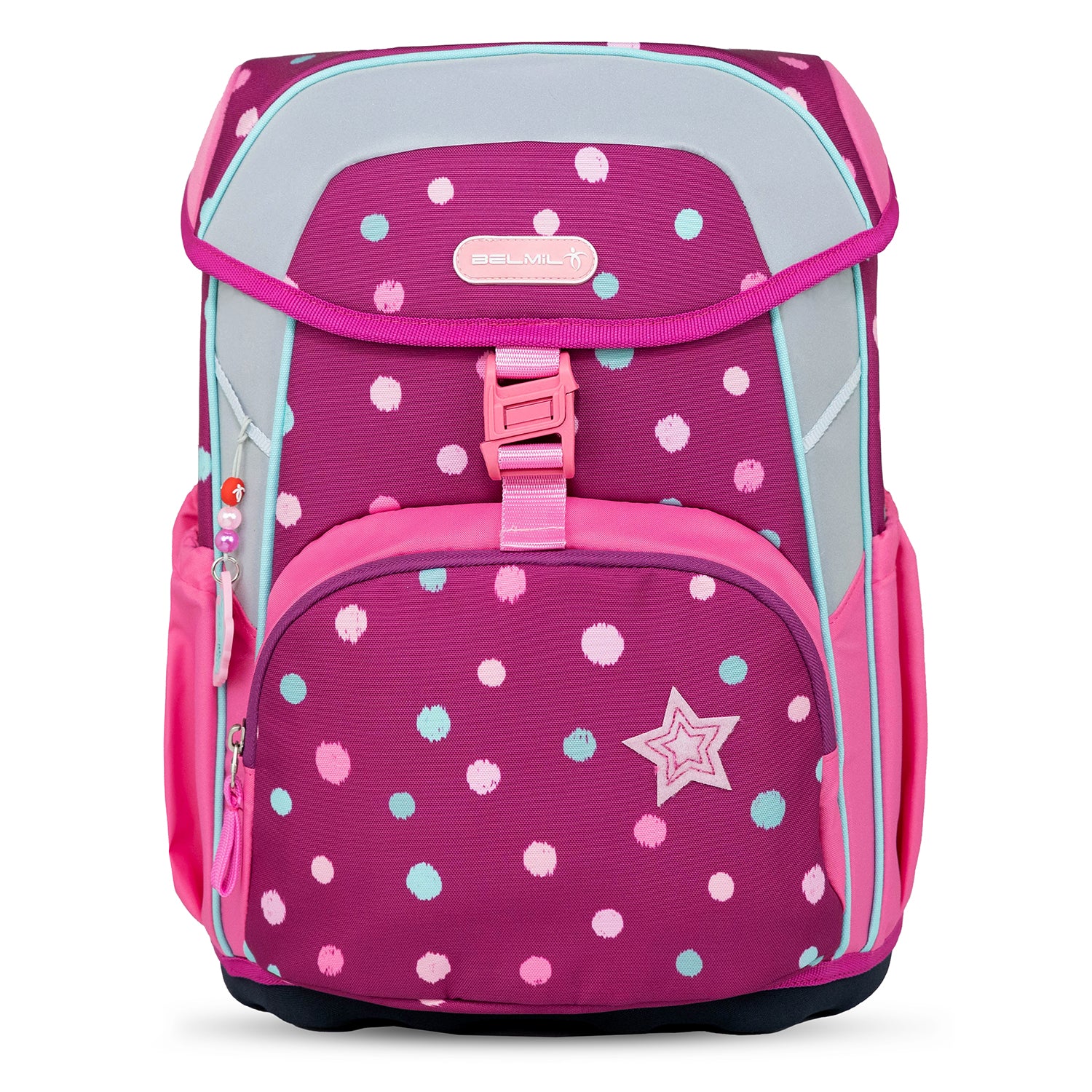 Stylish pink design of the Belmil Maxi Pack 'Starry Bubbles' School Back Set for Girls – 5-Piece Set + Unicorn Raincoat showcases whimsical prints.