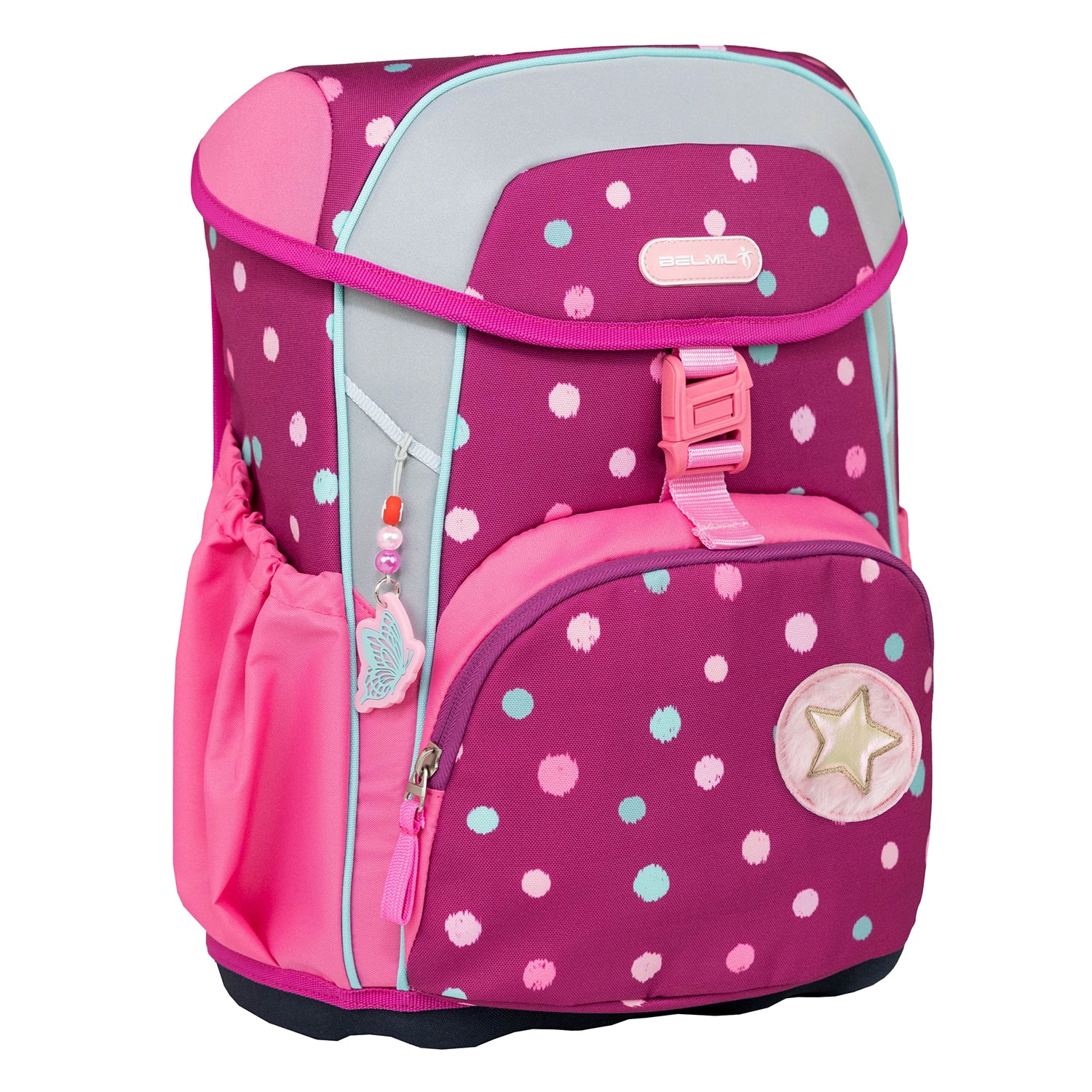 Adjustable shoulder straps on the Belmil Maxi Pack 'Starry Bubbles' School Back Set for Girls – 5-Piece Set + Unicorn Raincoat provide comfort for daily use.
