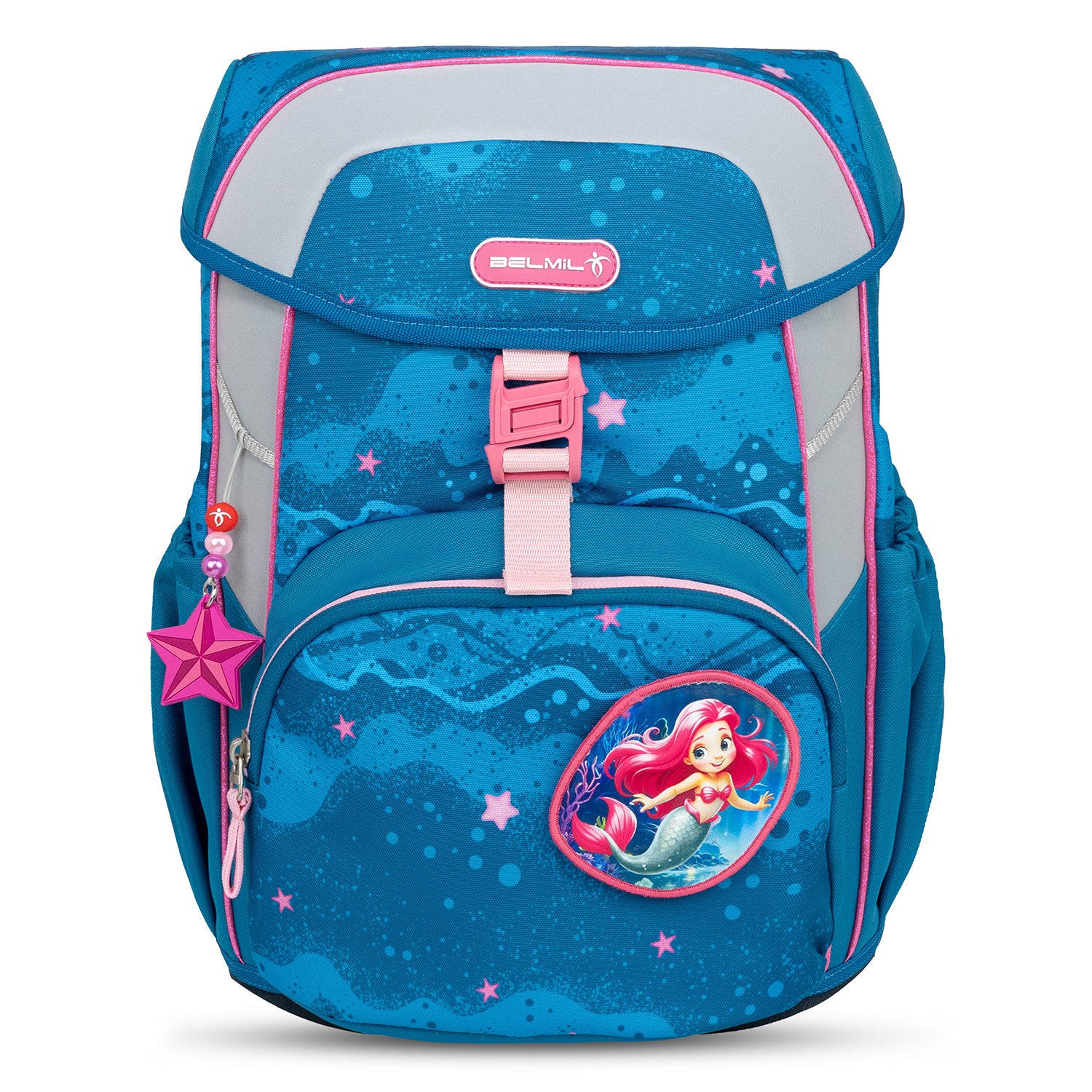 Close-up view of Belmil Maxi Pack Shining Fairy School Back Set for Girls – 5-Piece Set + Interchangeable Pegasus Patch Set featuring vibrant colors and playful starfish and shell motifs.
