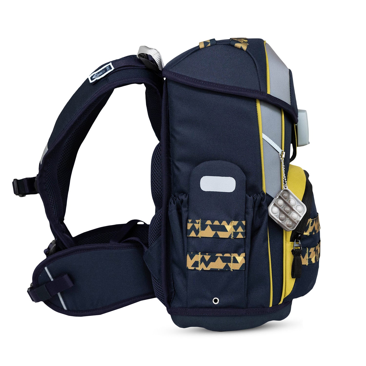 Reflective elements of the Premium Belmil School Bag Set for Boys – Maxi Plus Explorer schoolbag set 6 pcs providing maximum visibility for safety.