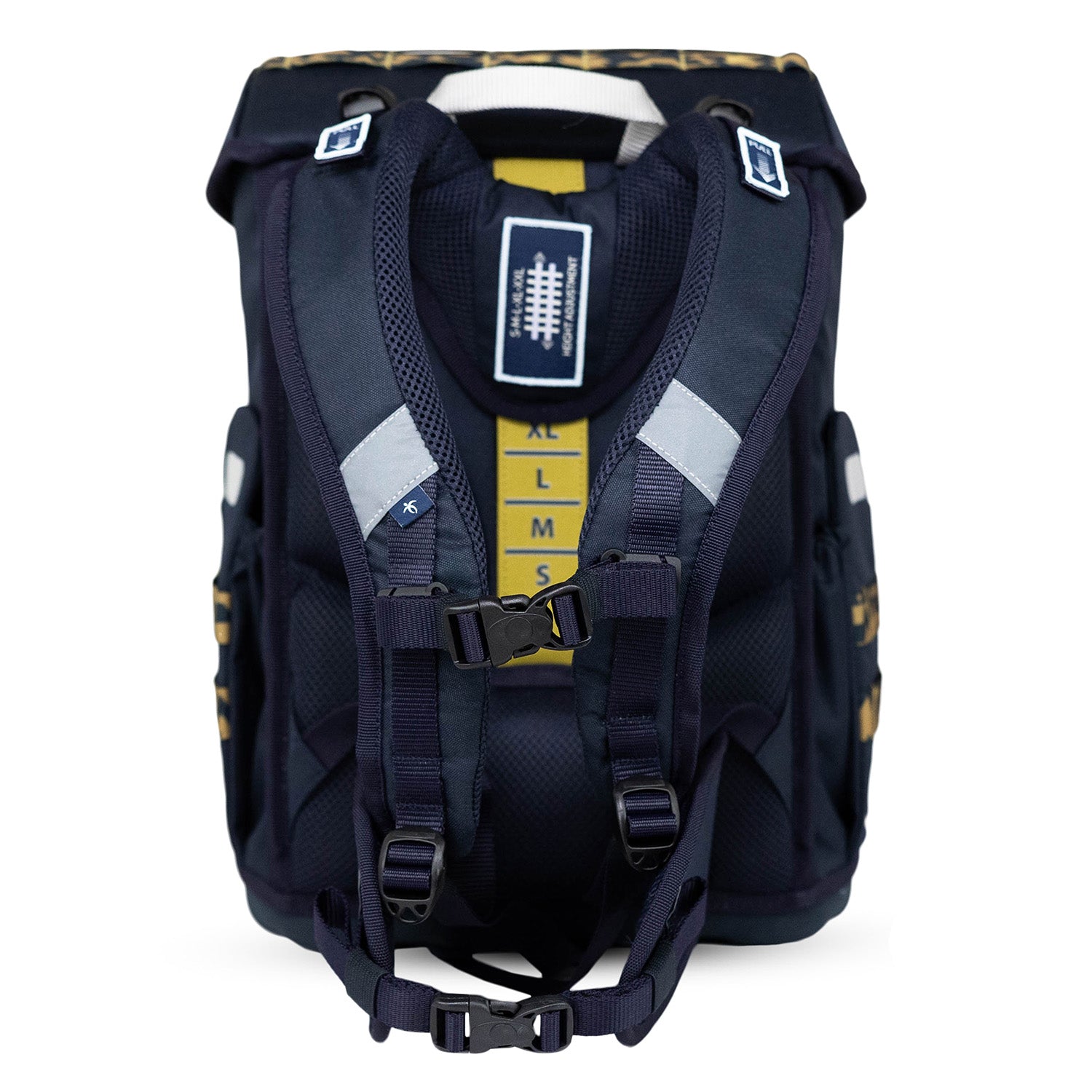 Illustration of the Premium Belmil School Bag Set for Boys – Maxi Plus "Explorer" schoolbag set + Dinosaur Raincoat - 7-piece Set highlighting the included pencil case filled with STABILO® quality stationery.