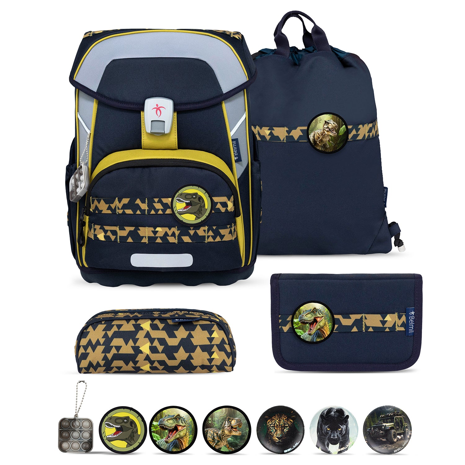 Premium Belmil School Bag Set for Boys – Maxi Plus Explorer schoolbag set 6 pcs showcasing the adventurous design with geometric patterns in navy and yellow.
