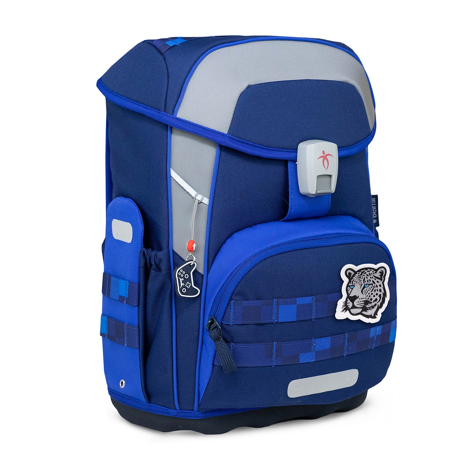 Contents of the Premium Belmil School Bag Set for Boys – Maxi Plus Pixel Storm schoolbag set 6 pcs including a filled pencil case and gym bag.