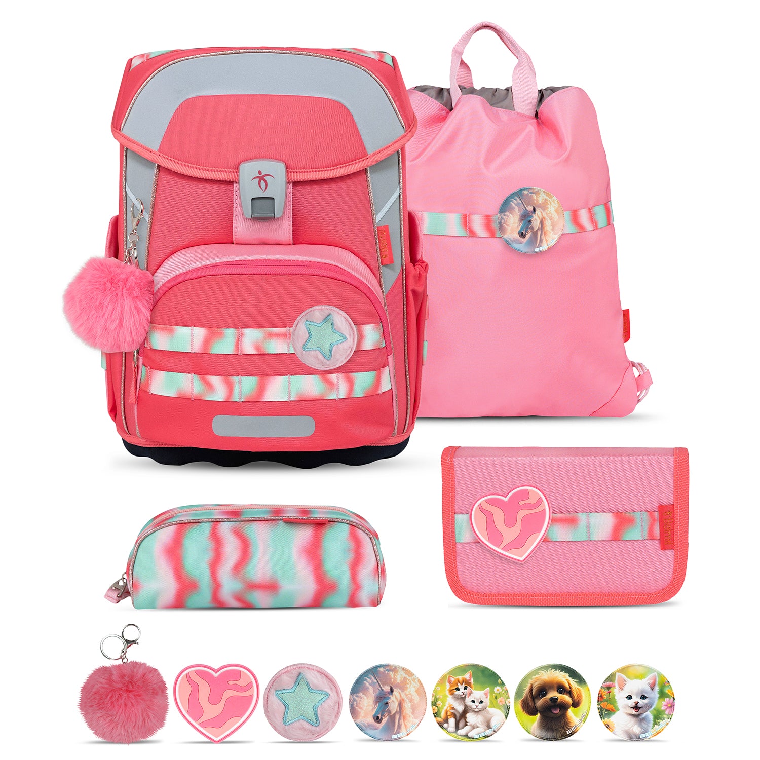 Premium Belmil School Bag Set for Girls – Maxi Plus Aurora schoolbag set 6 pcs featuring a vibrant coral-pink design with playful pastel stripes.