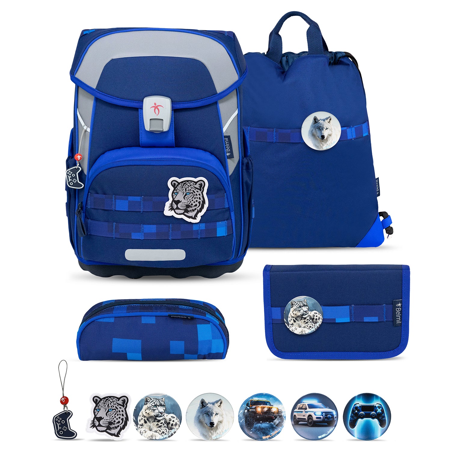 Premium Belmil School Bag Set for Boys – Maxi Plus Pixel Storm schoolbag set 6 pcs showing the entire set including the backpack and accessories.