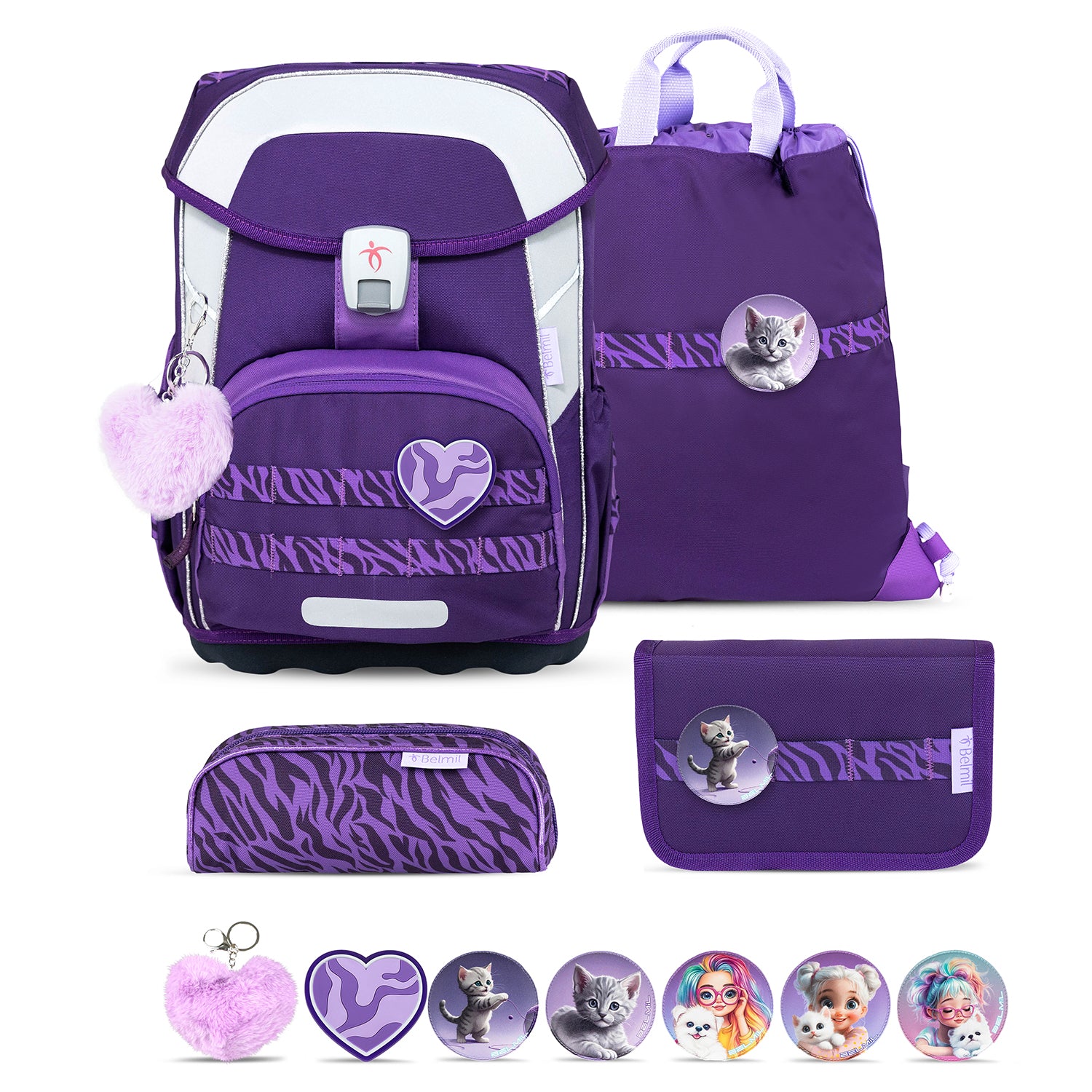 Premium Belmil School Bag Set for Girls – Maxi Plus Twilight Charm schoolbag set 6 pcs featuring a vibrant violet color with trendy zebra stripes.