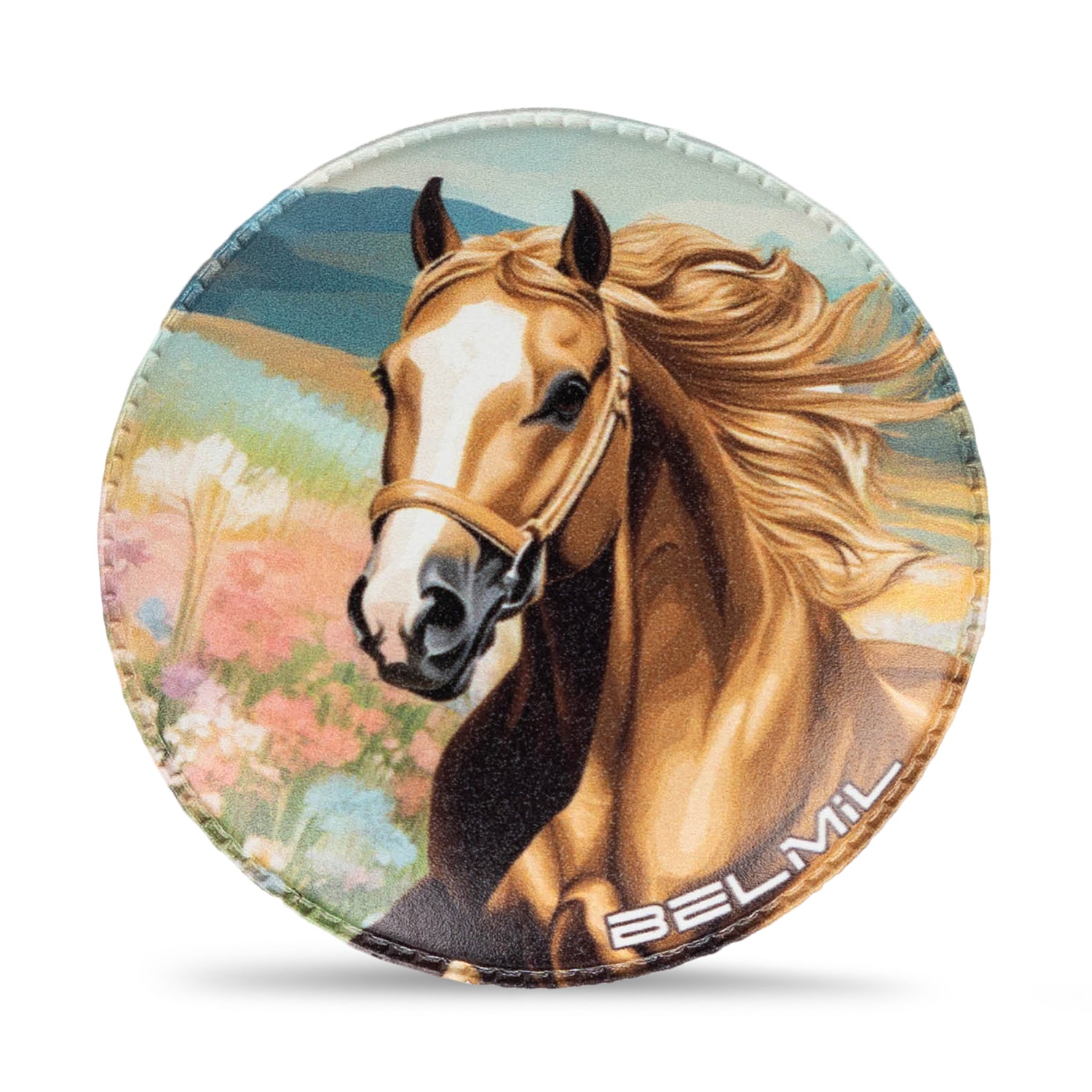Belmil Patch Set – 3-Piece Velcro Patches 'Spring Animals' showcasing a majestic horse in a blooming landscape, ideal for personalizing your backpack or tote.