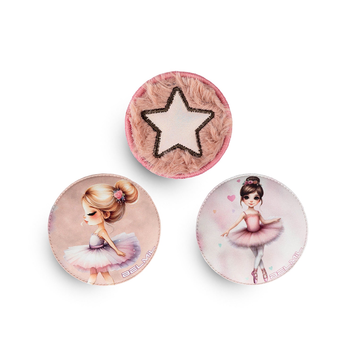 Belmil Patch Set – 3-Piece Velcro Patches 'Ballerina Rose' featuring a charming ballerina design in pastel colors, perfect for personalizing bags.
