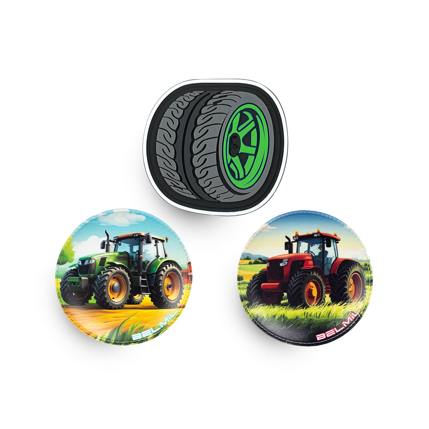 Belmil Patch Set – 3-Piece Velcro Patches 'Hardworking Farmer' showing a vibrant tractor design for creative accessory customization.