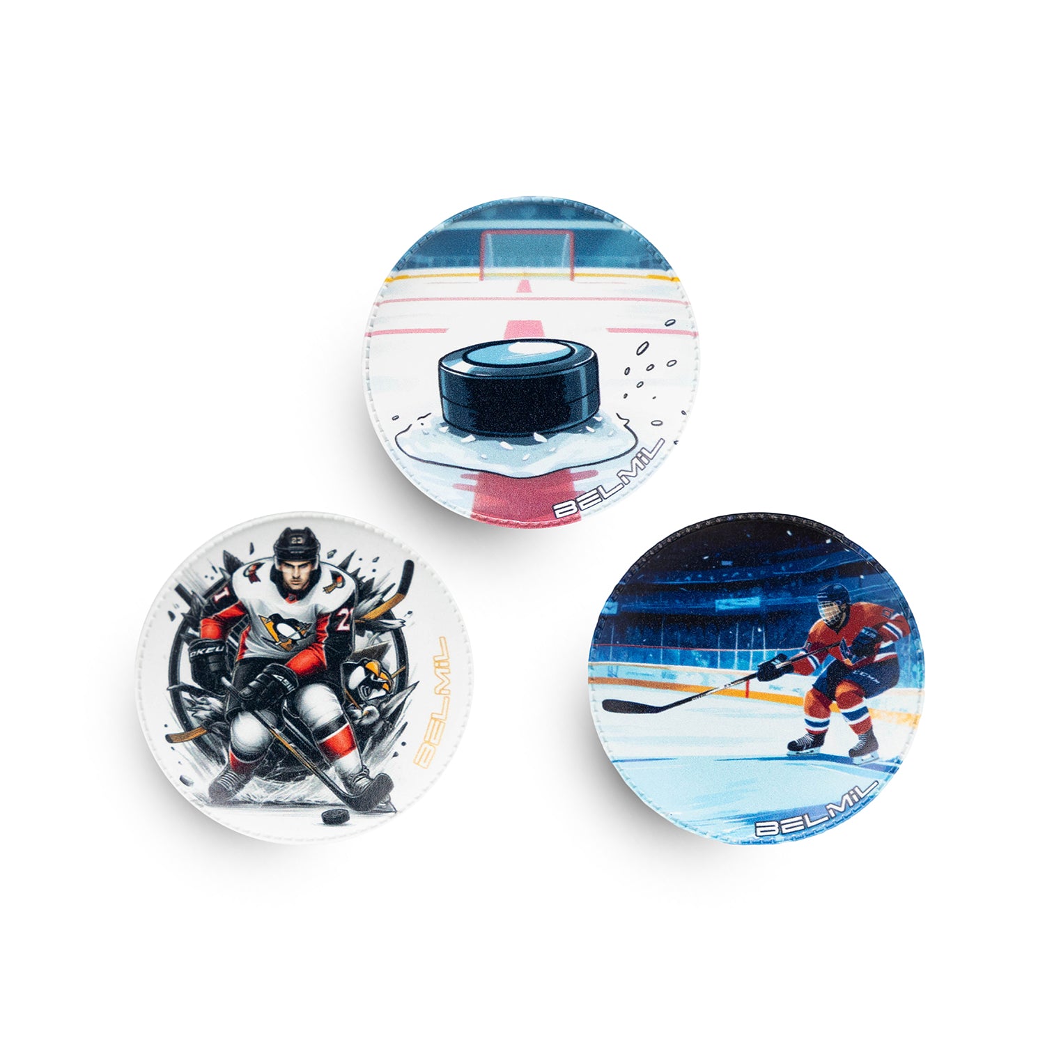Belmil Patch Set – 3-Piece Velcro Patches 'I Love Hockey' showing a vibrant hockey puck design.