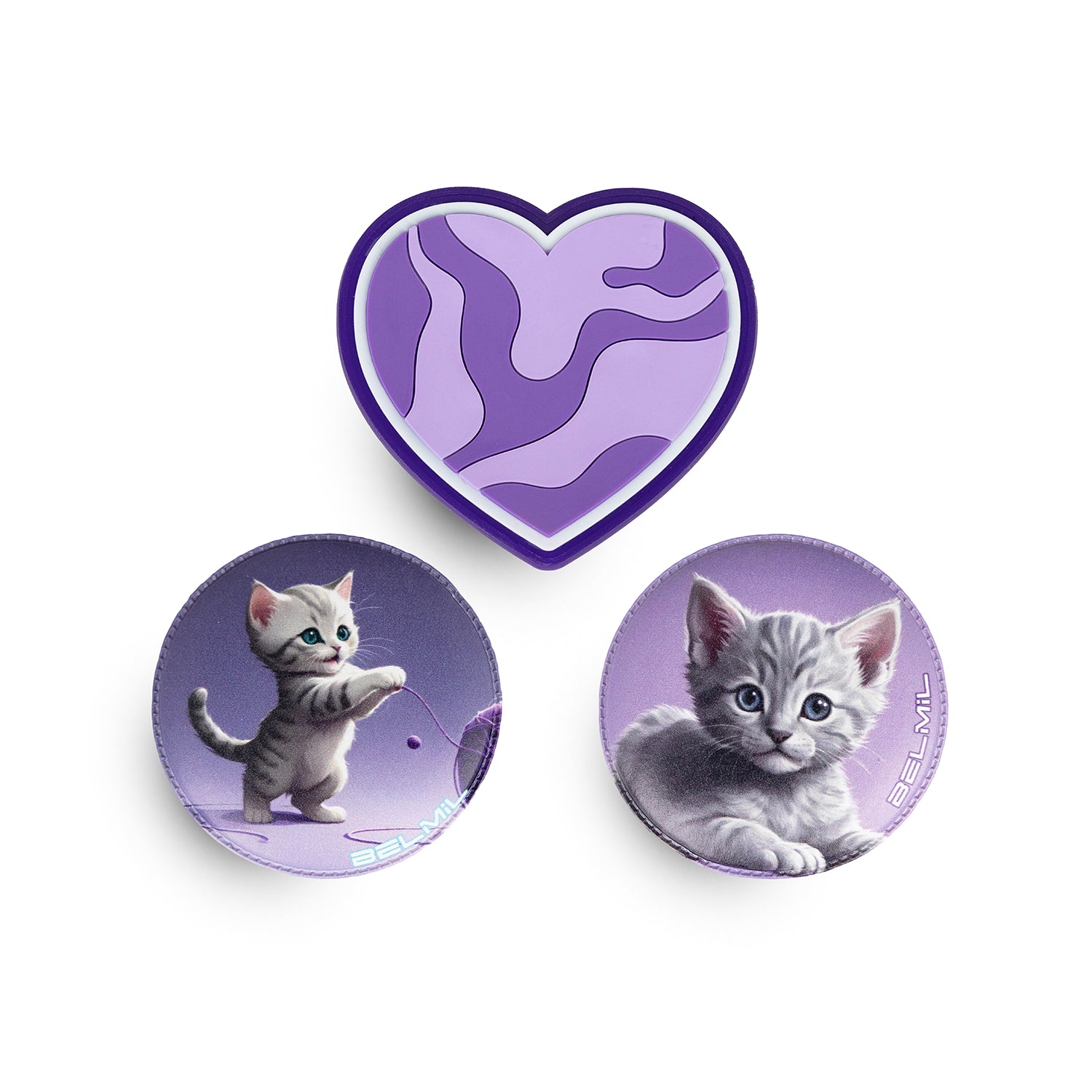 Belmil Patch Set – 3-Piece Velcro Patches "My Purple Pets" featuring a curious kitten chasing yarn for a cute accessory upgrade.
