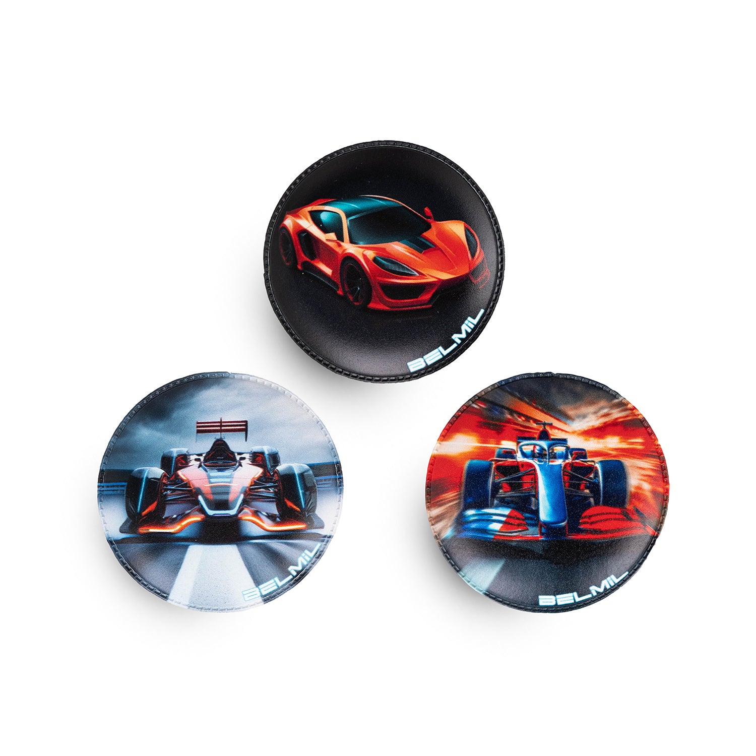 Belmil Patch Set – 3-Piece Velcro Patches "Orange Car" featuring a vibrant orange sports car design perfect for personalizing bags.