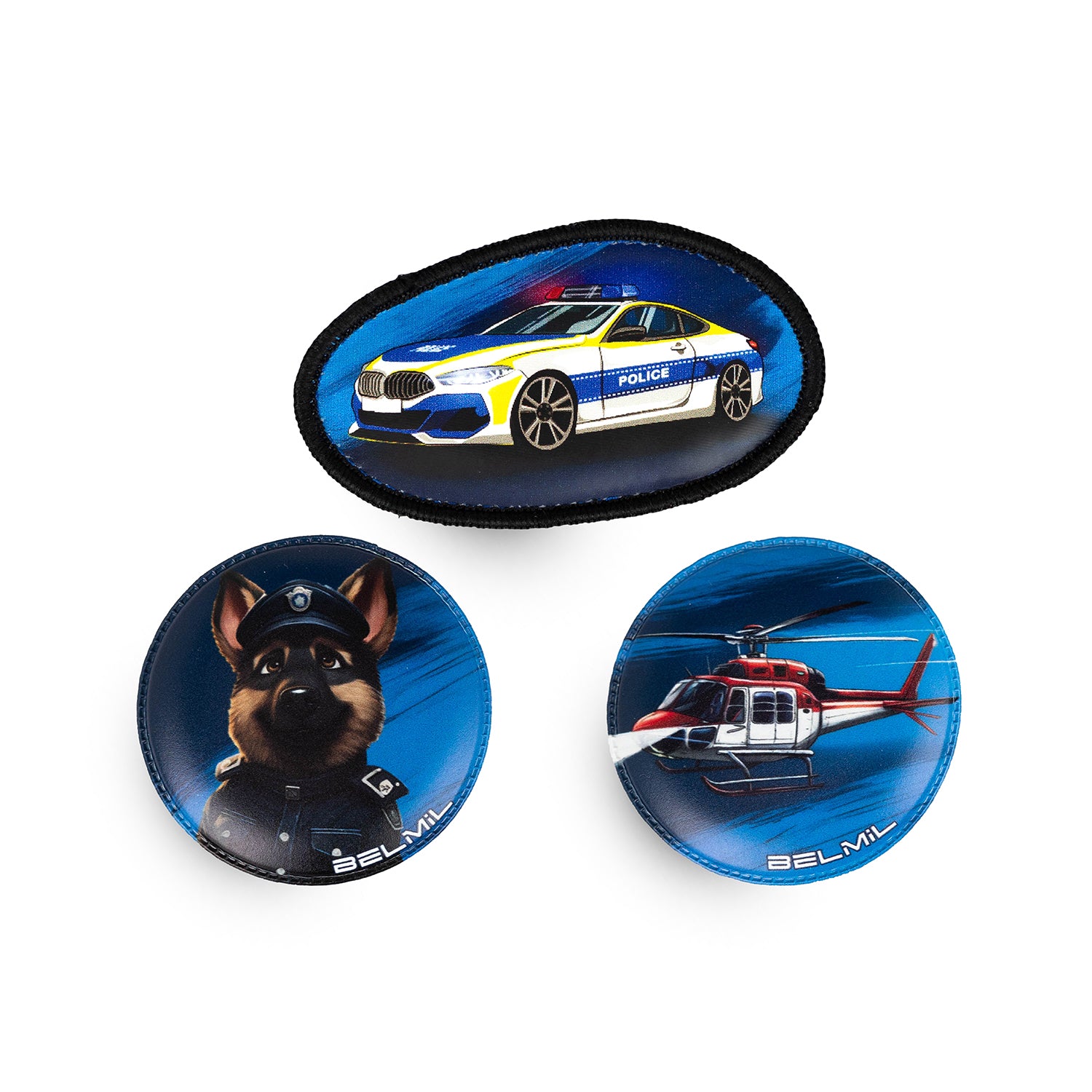 Belmil Patch Set – 3-Piece Velcro Patches - Police in Action patches displayed on a backpack, showcasing fun police-themed designs.