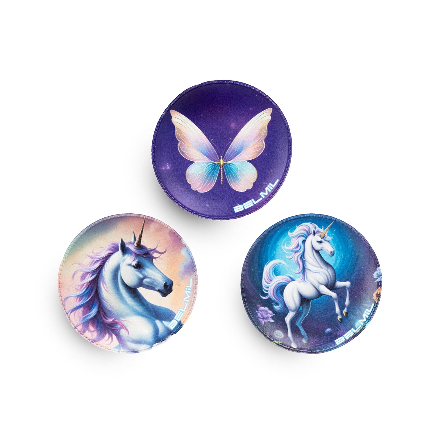 Belmil Patch Set – 3-Piece Velcro Patches 'Purple Fairytale' featuring whimsical unicorn designs on self-adhesive patches.