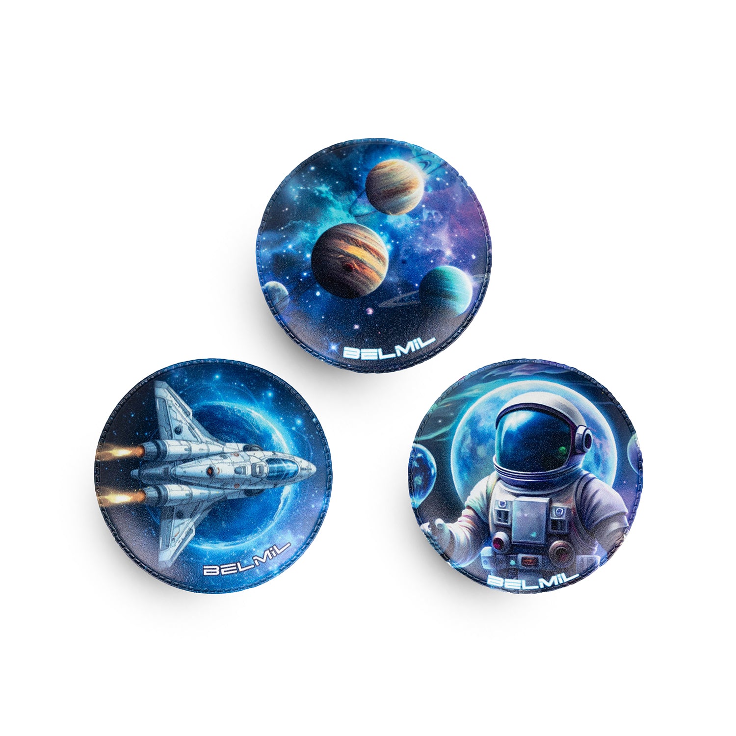 Exciting designs of the Belmil Patch Set – 3-Piece Velcro Patches 'Space Magic' featuring astronaut, space shuttle, and planets.