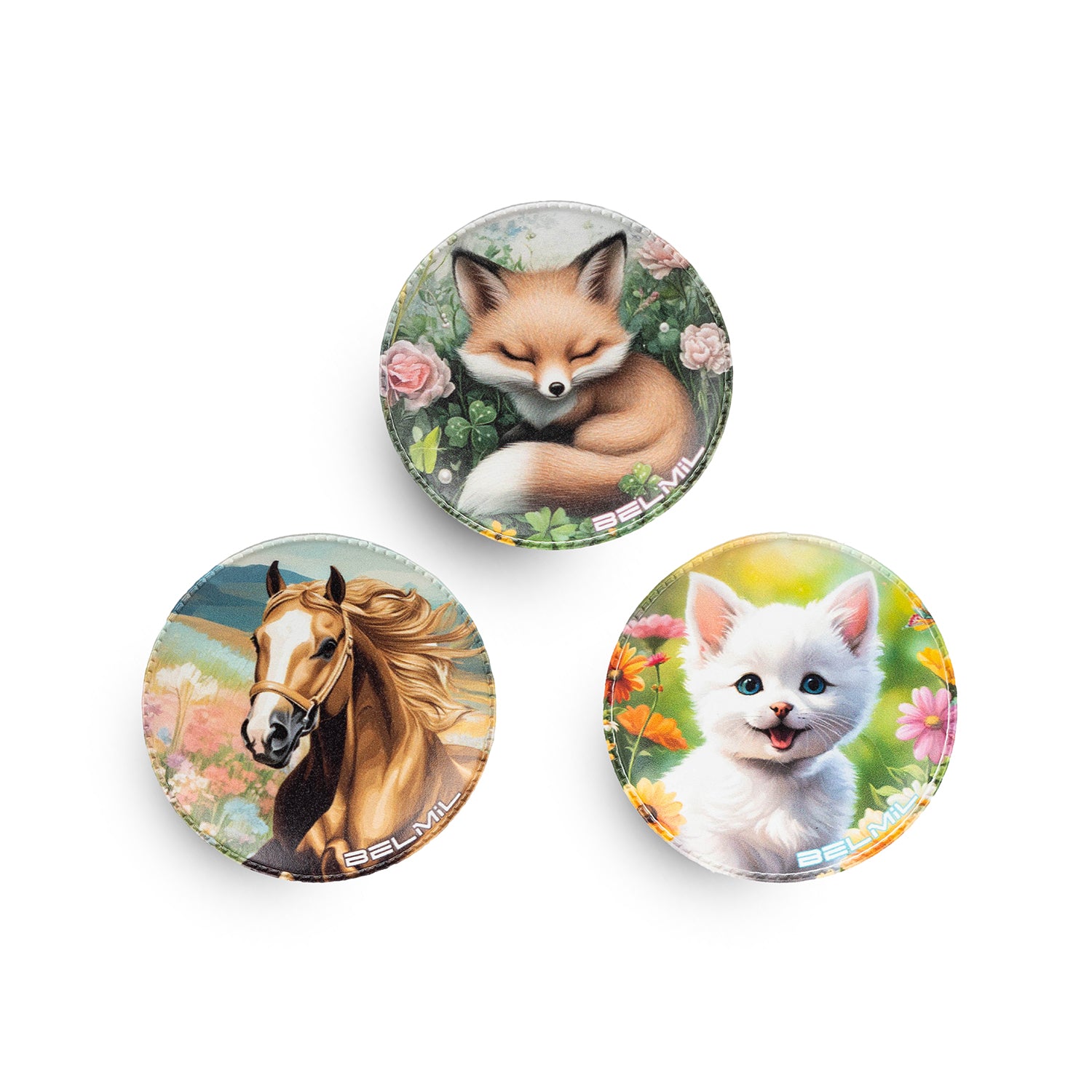 Belmil Patch Set – 3-Piece Velcro Patches 'Spring Animals' featuring a playful kitten design surrounded by flowers, perfect for adding a whimsical touch to your accessories.
